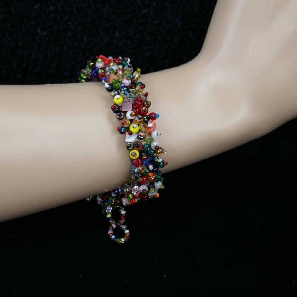 Beaded Confetti Cluster Cuff Bracelet Toggle Multi Color Glass Boho 7-8 inch - Picture 2 of 5